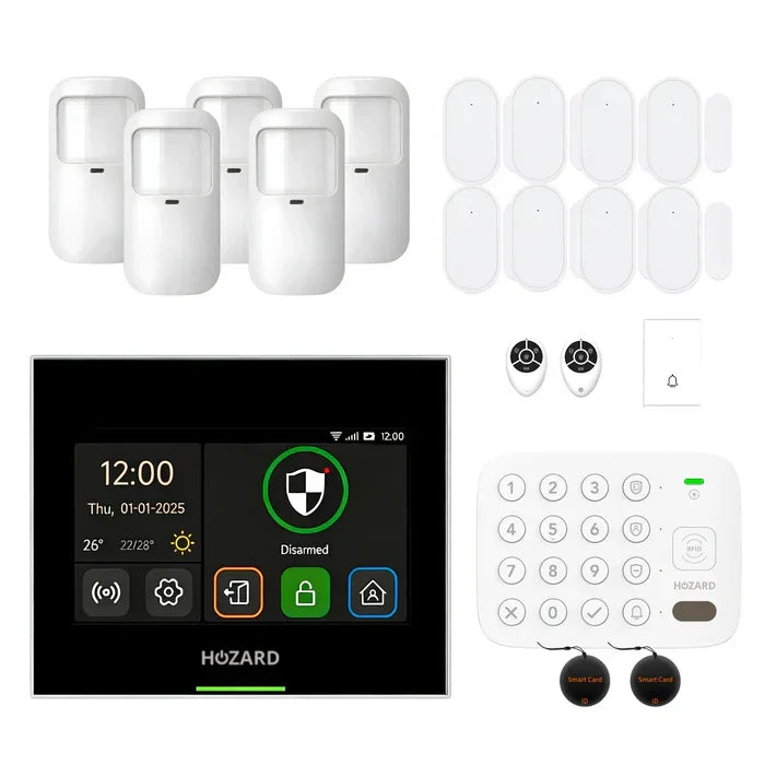 Komplett larmsystem med rörelsedetektorer, magnetsensorer, kontrollpanel och fjärrkontroller.