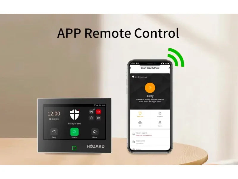 Smarta larmsystem för hem med kontrollpanel och mobilapp, fjärrstyrning via app.