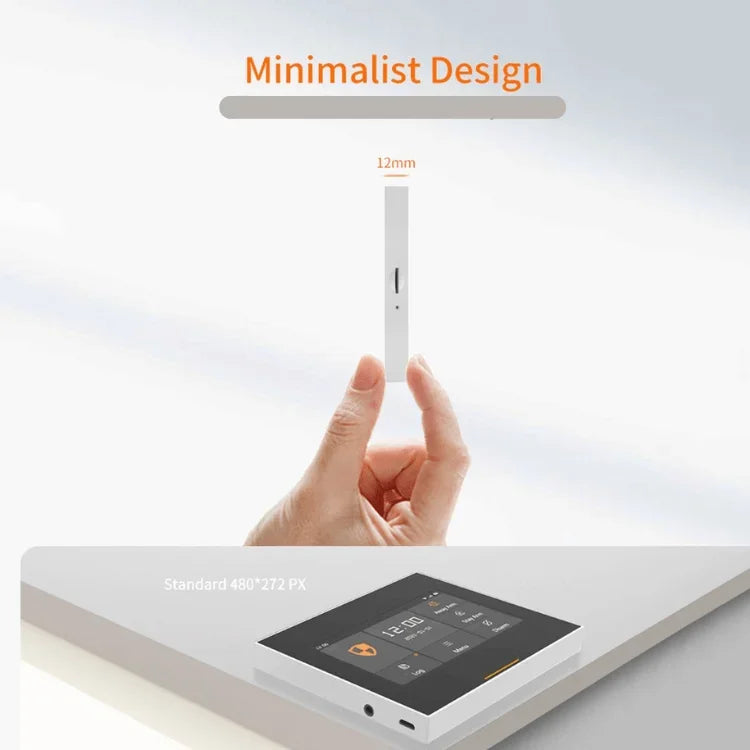 Tunn, modern larmenhet med pekskärm, minimalistisk design, visas hållas i en hand