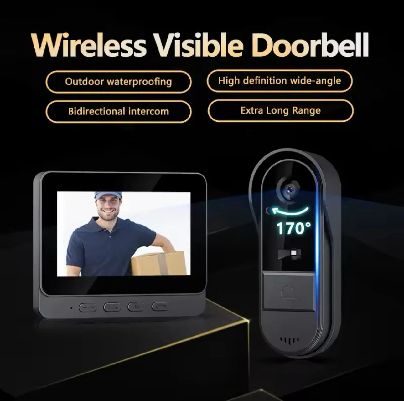 Trådlös videodörrklocka med HD vidvinkelkamera, tvåvägskommunikation och vattentät design