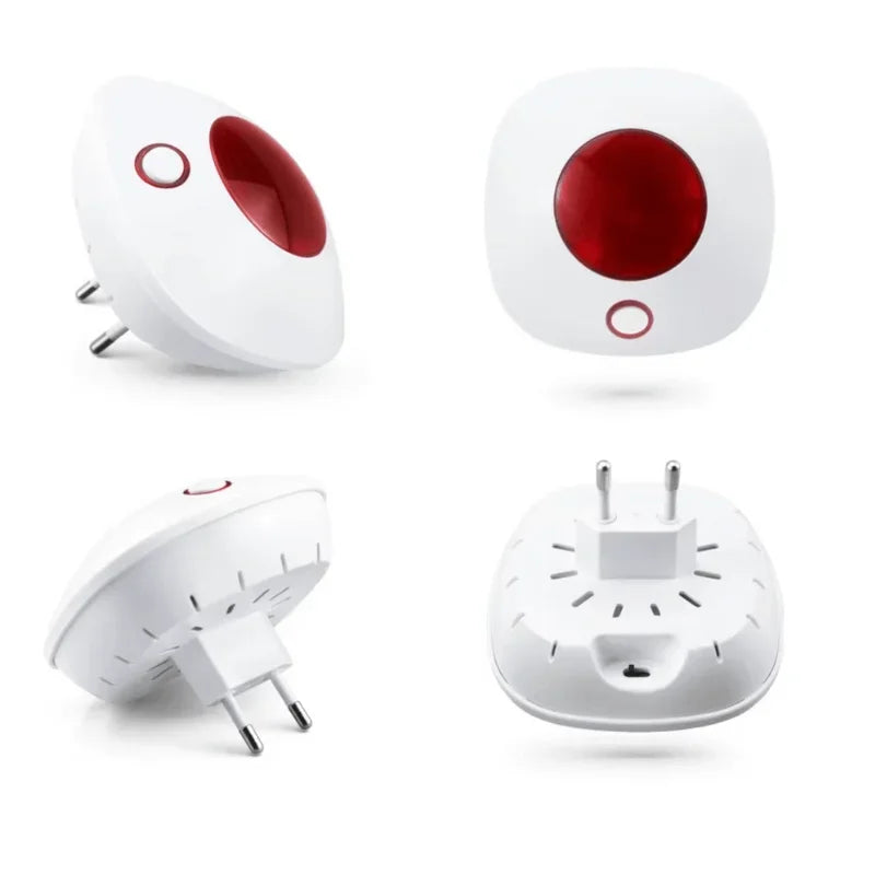 Vit plug-in siren med röd lampa, visad från olika vinklar, trådlöst larmsystem till hem