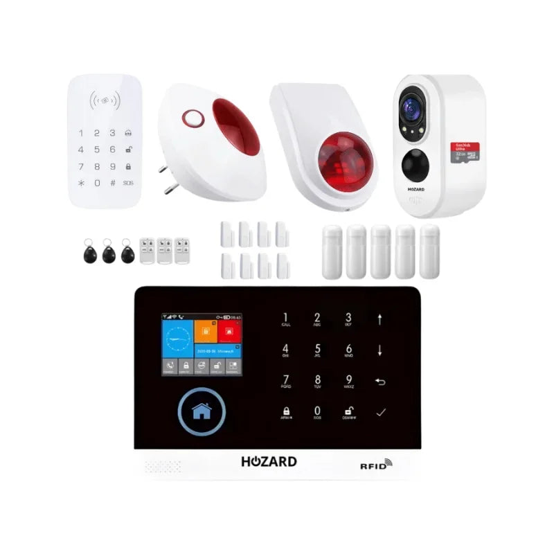 Komplett larmsystem med touchpanel, kamera, siren, rörelsedetektorer och fjärrkontroller.