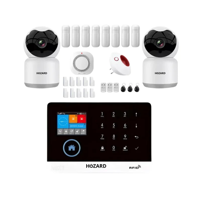 Komplett larmsystem med övervakningskameror, sensorer och kontrollpanel för hemlarm