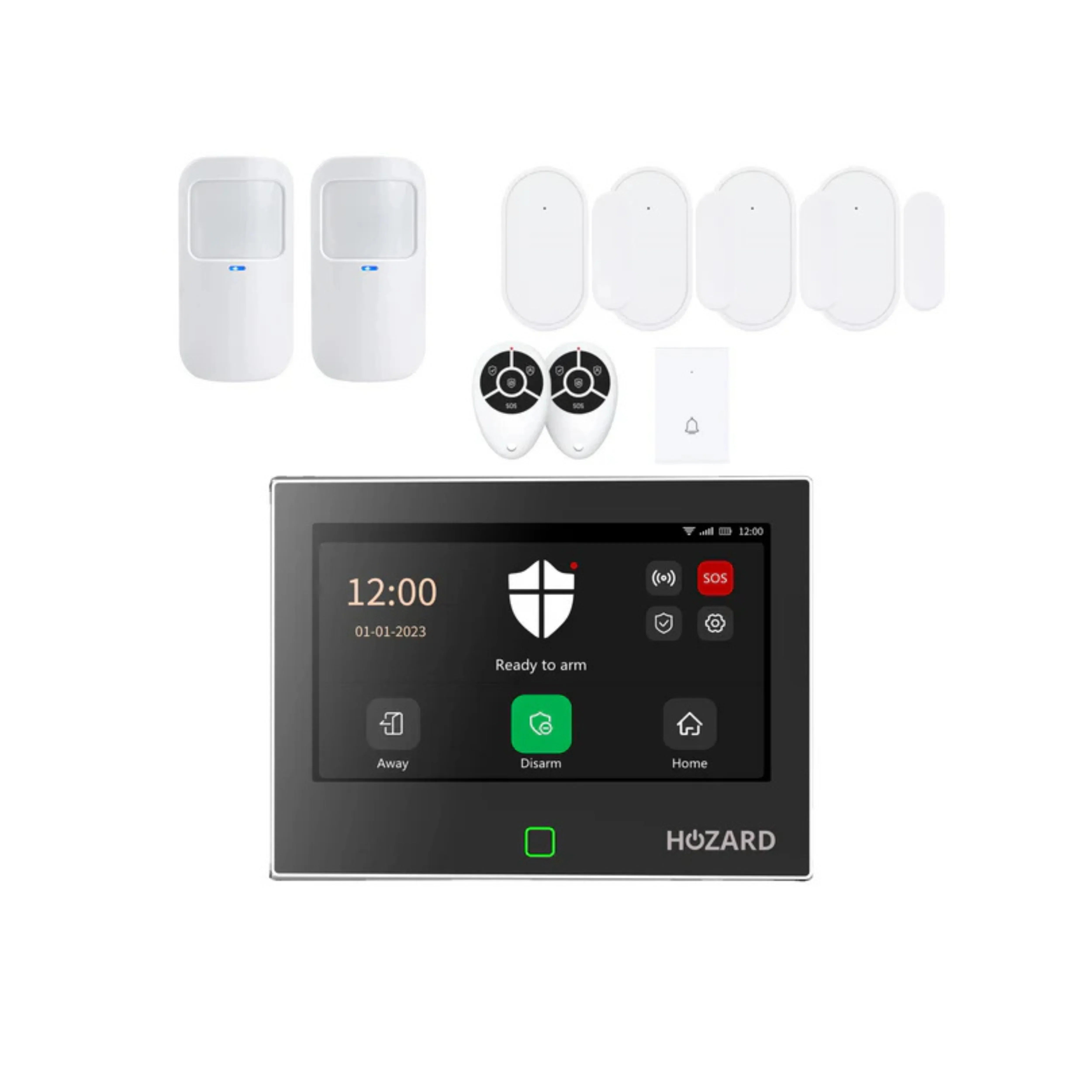 Larmpaket med pekskärm, rörelsedetektorer, fjärrkontroller och magnetkontakter för hem
