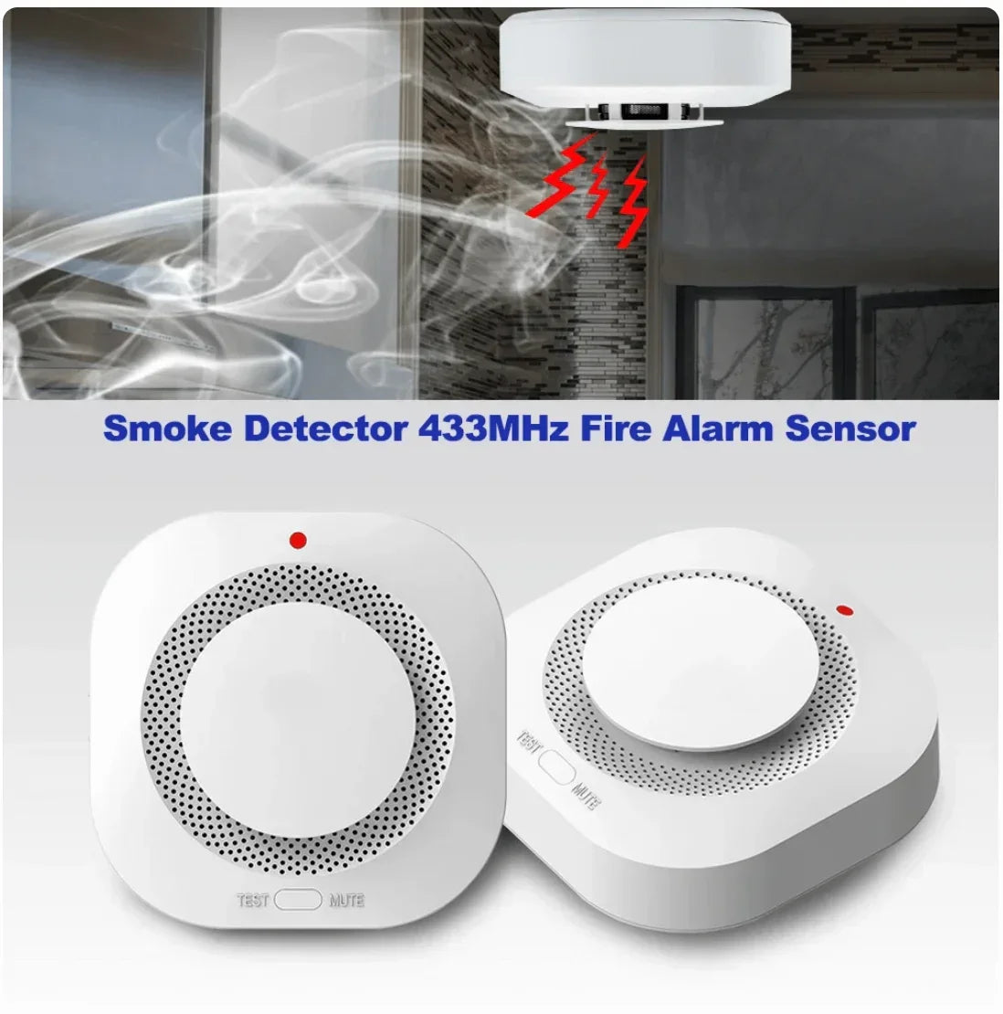 Trådlös rökdetektor och brandvarnare för hem, visas med larm och rök i bakgrunden.