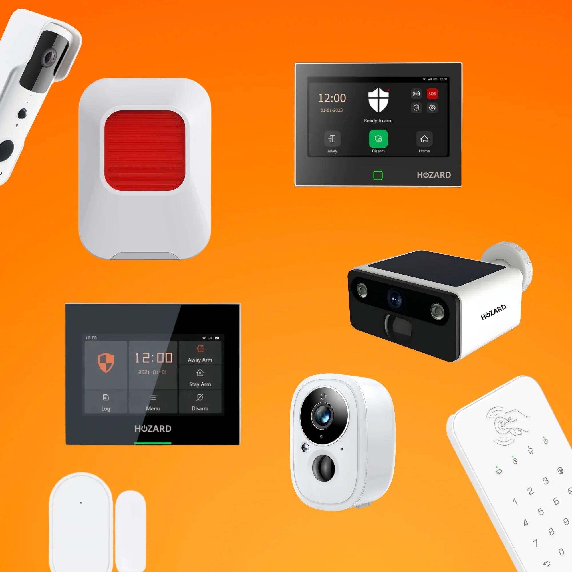 Moderna larmsystem och smarta övervakningskameror på orange bakgrund