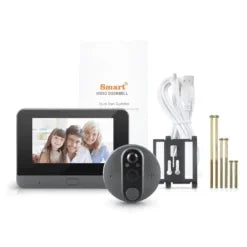 Trådlös videodörrklocka med skärm, kamera, USB-kabel och monteringsdelar för hemmasäkerhet