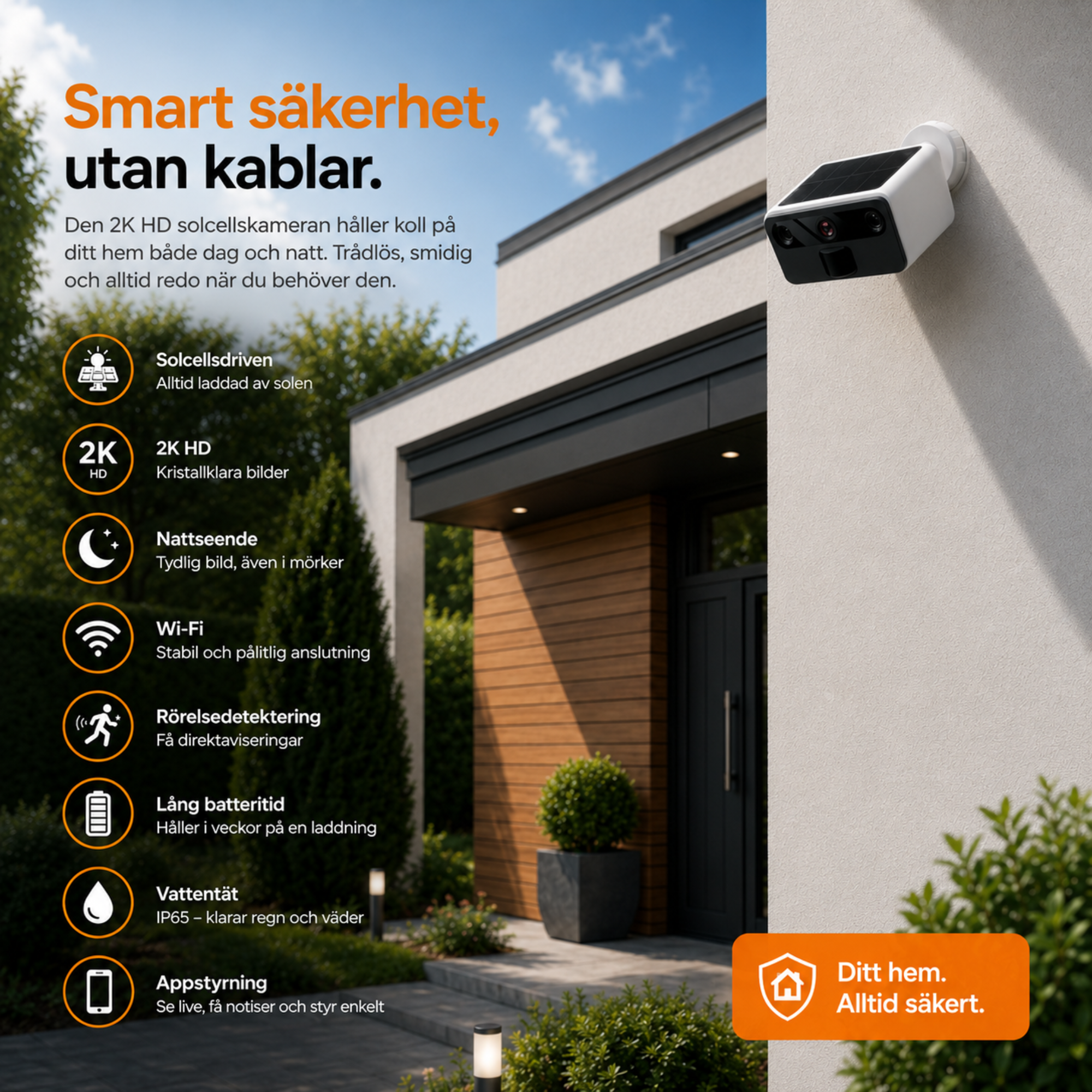 2K Utomhuskamera med mörkerseende – Trådlös FHD-övervakningskamera med solpanel – IP66 – WiFi med app – inkl. 32 GB