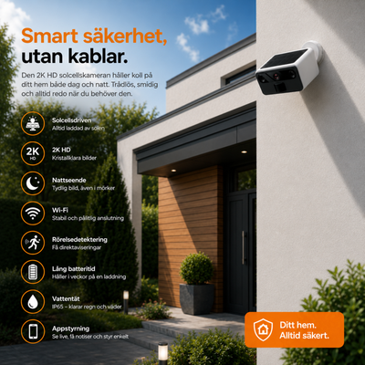2K Utomhuskamera med mörkerseende – Trådlös FHD-övervakningskamera med solpanel – IP66 – WiFi med app – inkl. 32 GB
