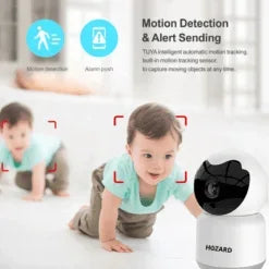 Övervakningskamera för hem med rörelsedetektering, baby kryper på golv, säkerhetslarm.