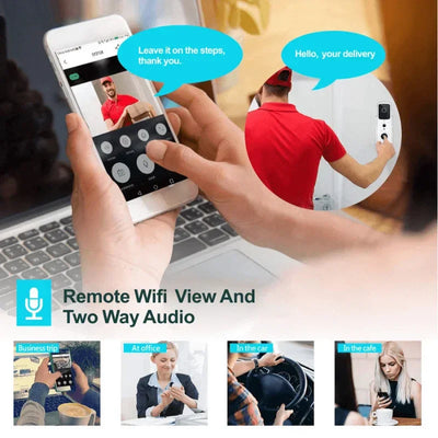 Person övervakar hemleverans via smart videodörrklocka med tvåvägsljud och wifi-anslutning.