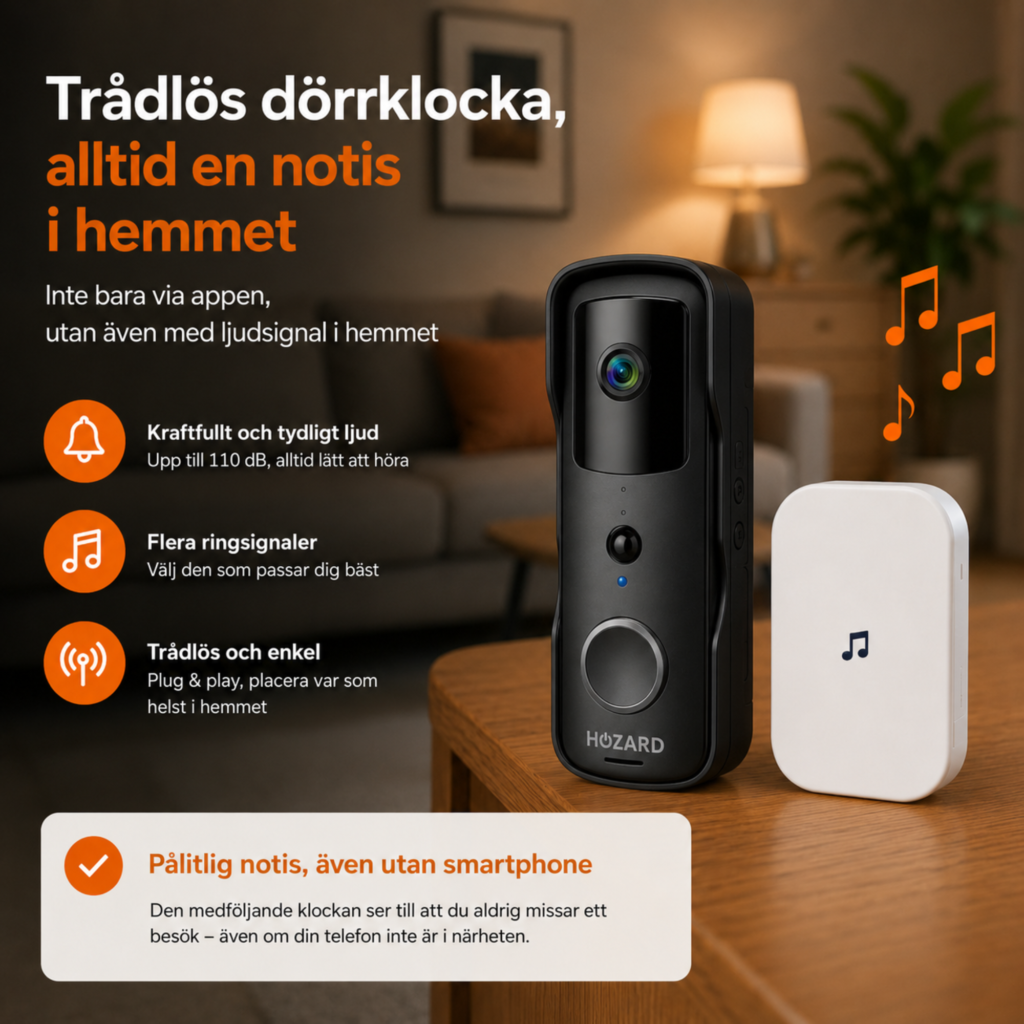 Dörrklocka med kamera och DingDong – Trådlös videodörrklocka – 5200 mAh – Svart