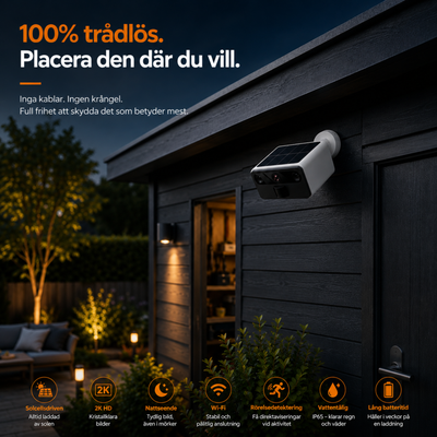2K Utomhuskamera med mörkerseende – Trådlös FHD-övervakningskamera med solpanel – IP66 – WiFi med app – inkl. 32 GB