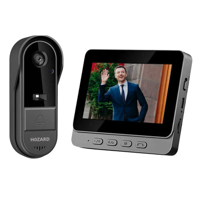 Video-dörrklocka med kamera och display visar person vid ytterdörr, smart hemsäkerhet