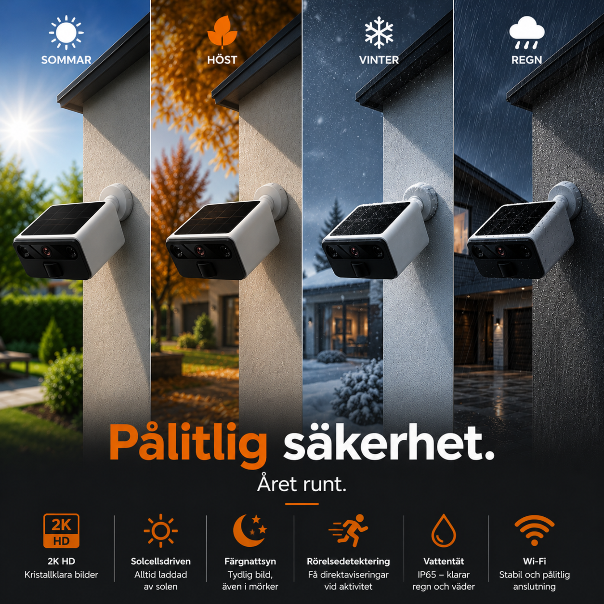 2K Utomhuskamera med mörkerseende – Trådlös FHD-övervakningskamera med solpanel – IP66 – WiFi med app – inkl. 32 GB