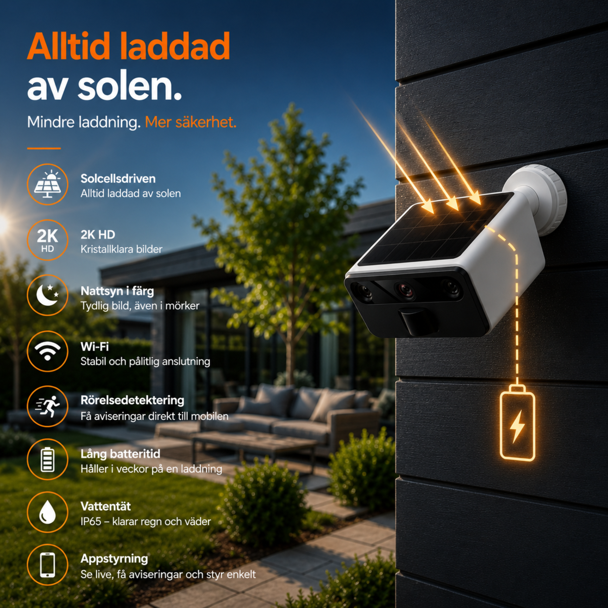 2K Utomhuskamera med mörkerseende – Trådlös FHD-övervakningskamera med solpanel – IP66 – WiFi med app – inkl. 32 GB