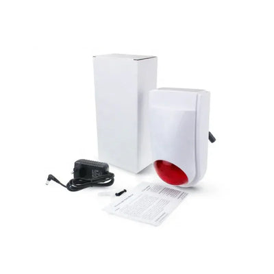 Trådlöst larmsystem med siren, strömadapter, och installationsmanual på vit bakgrund.