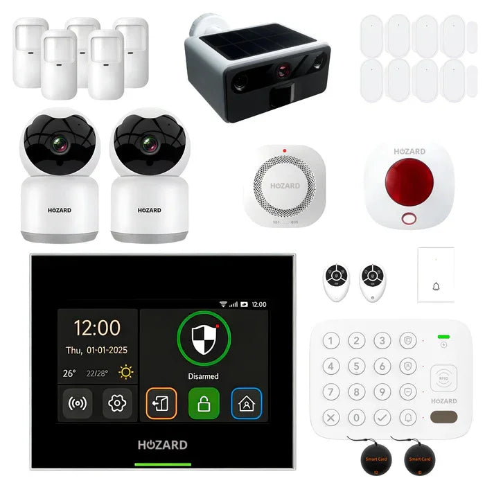 Komplett larmsystem med kamera, sensorer, rökdetektor, siren och kontrollpanel för hem