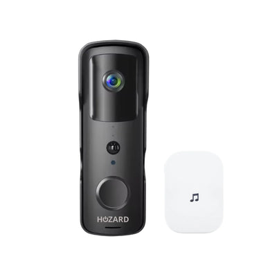 Smart svart videodörrklocka med kamera och vit inomhusenhet, säkerhetsprodukt