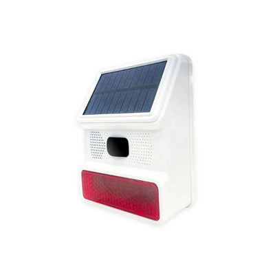 Draadlös utomhussiren 100dB med solpanel, vitt hölje och röd lampa för larmsystem