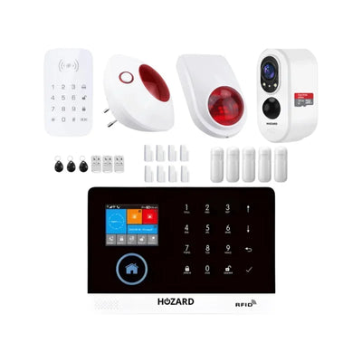 Komplett larmsystem med touchpanel, kamera, siren, rörelsedetektorer och fjärrkontroller.