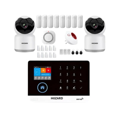 Komplett larmsystem med övervakningskameror, sensorer och kontrollpanel för hemlarm